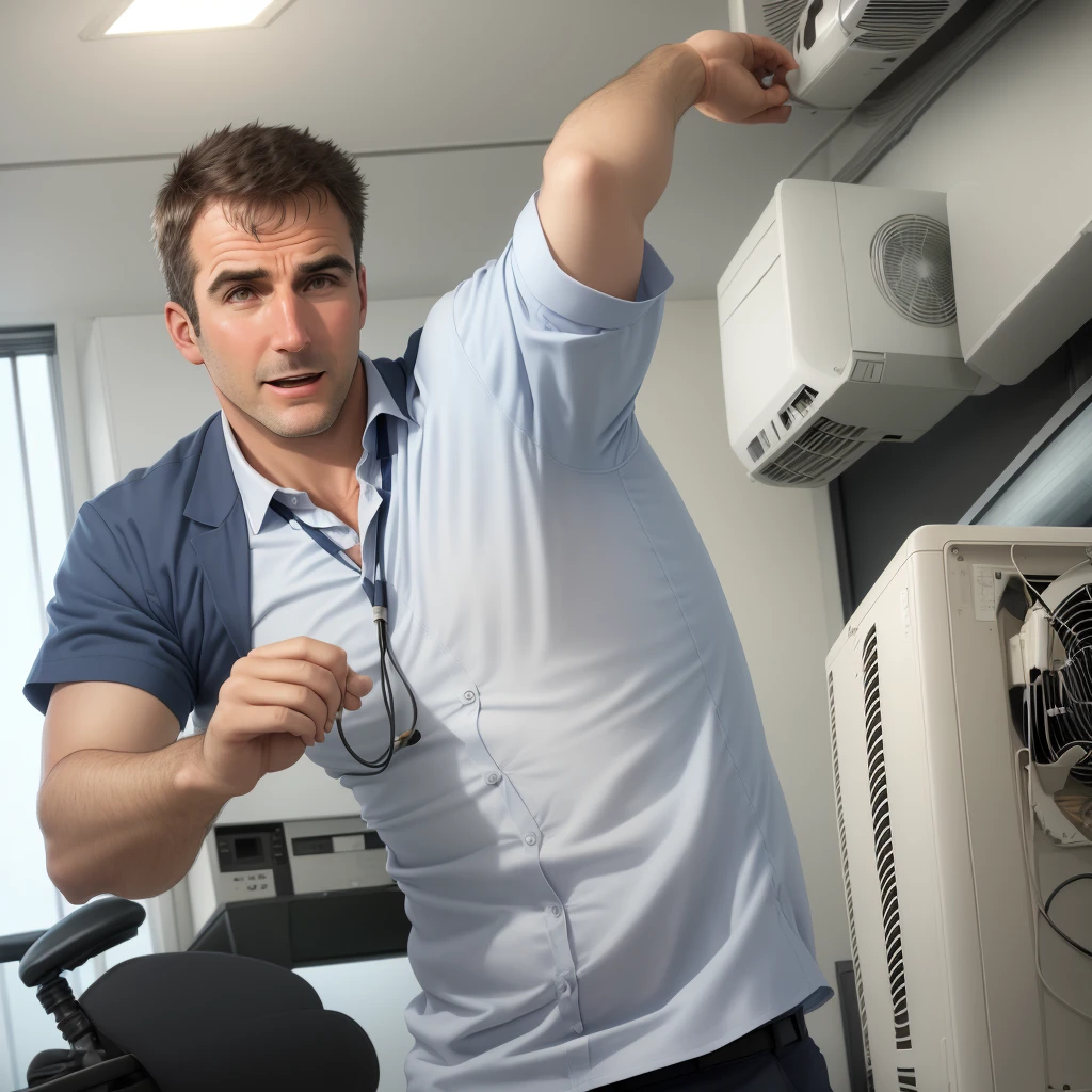 Man in the office turns on the air conditioner