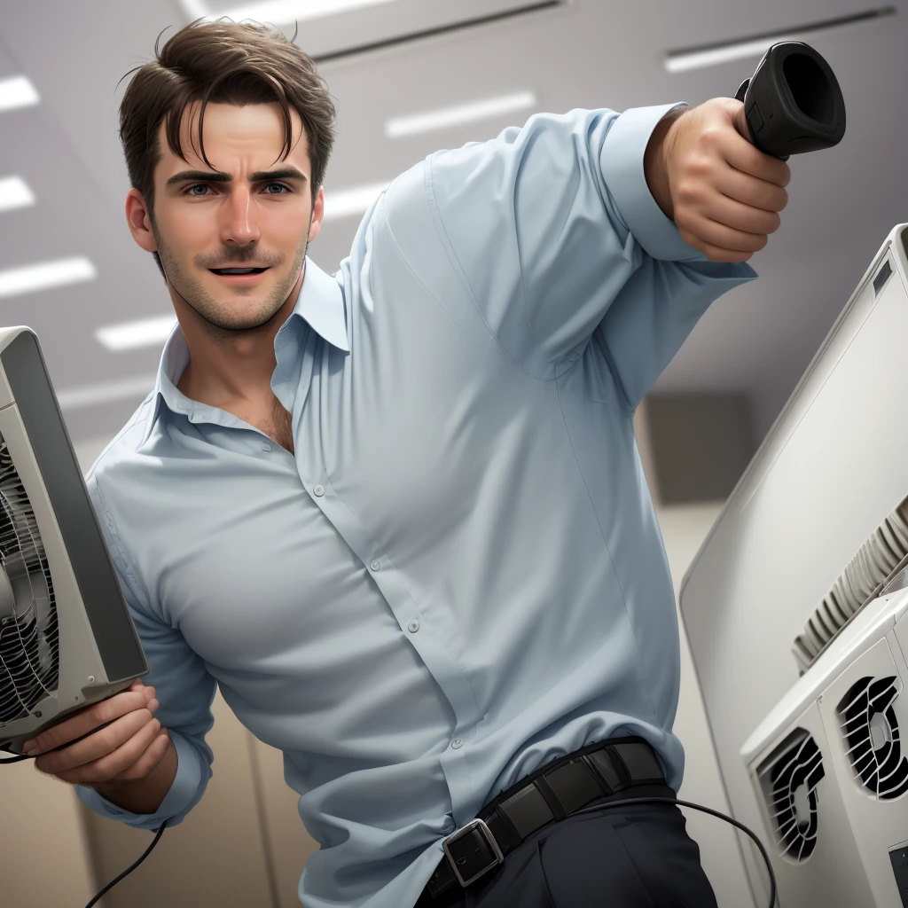 Man in the office turns on the air conditioner