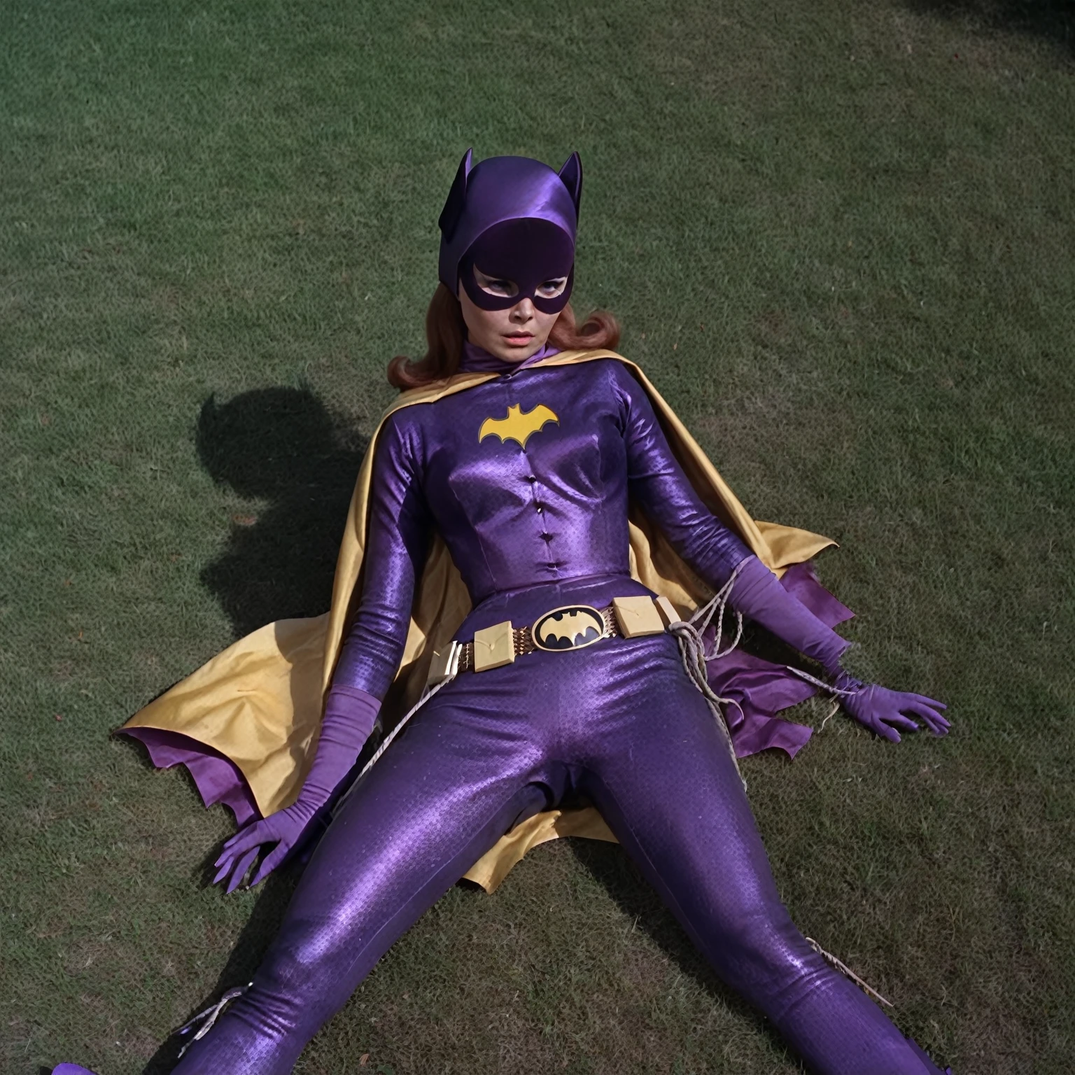 yvonne craig woman, in peril, shrugged shoulders, her body is tied, she squeezed, she is in pain , 60's style, analog film, on grass, film grain
