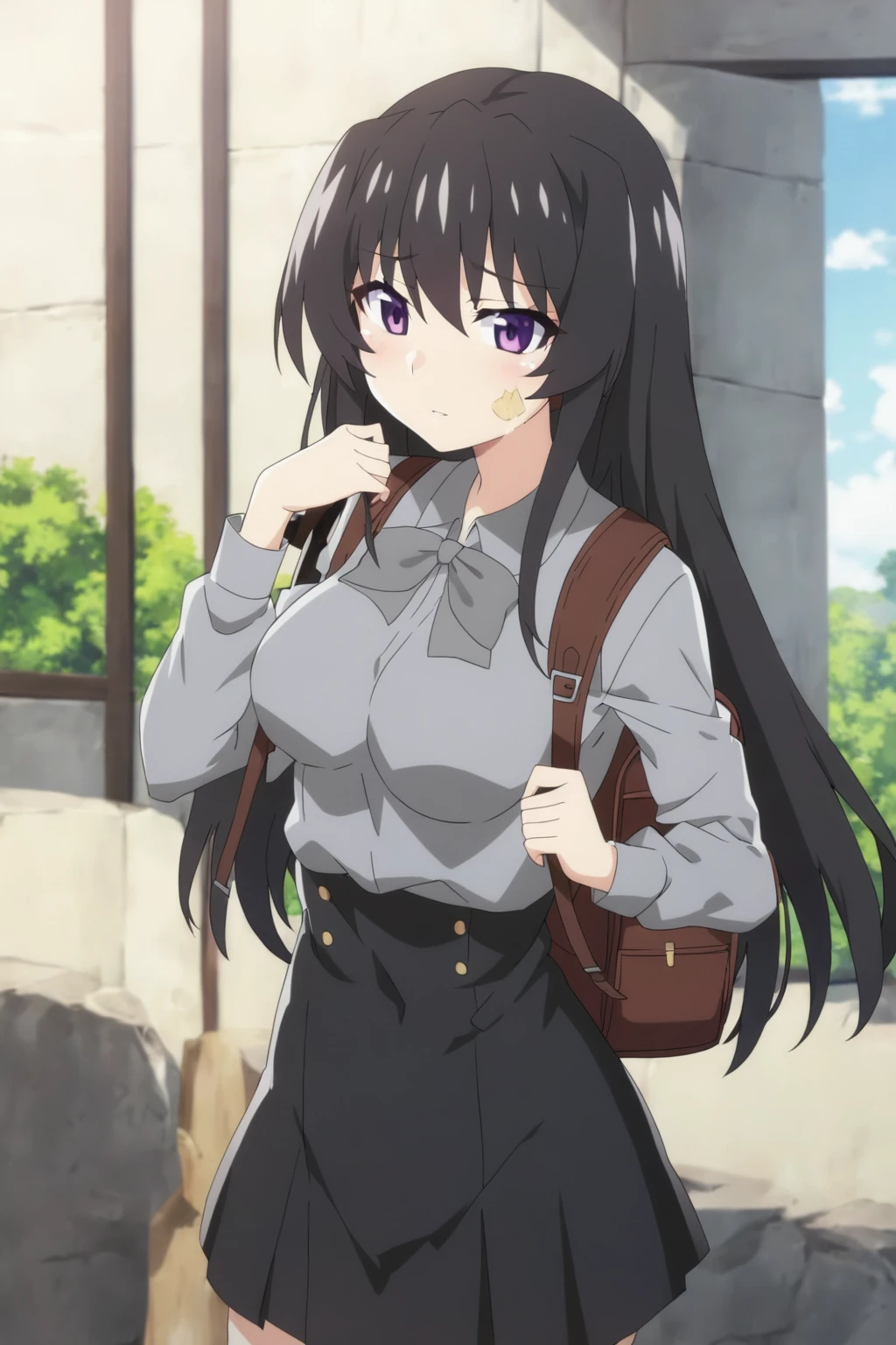 anime girl with a backpack and a mask on her face, purple eyes, anime moe artstyle, cute anime waifu in a nice dress, anime visual of a cute girl, beautiful anime high school girl, gray shirt, short skirt, anime girl with long hair, long straight hair, high quality anime artstyle, from girls frontline, anime style 4k, mature anime girl, anime girl wearing a black dress, kantai collection style,black shiny hair, normal breast