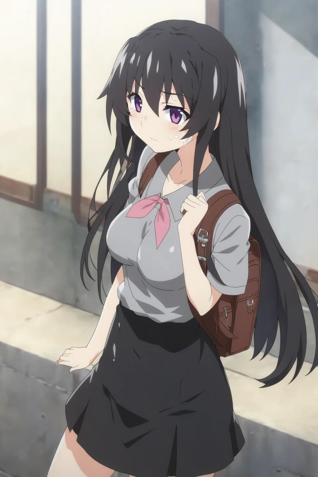 anime girl with a backpack and a mask on her face, purple eyes, anime moe artstyle, cute anime waifu in a nice dress, anime visual of a cute girl, beautiful anime high school girl, gray shirt, short skirt, anime girl with long hair, long straight hair, high quality anime artstyle, from girls frontline, anime style 4k, mature anime girl, anime girl wearing a black dress, kantai collection style,black shiny hair, normal breast