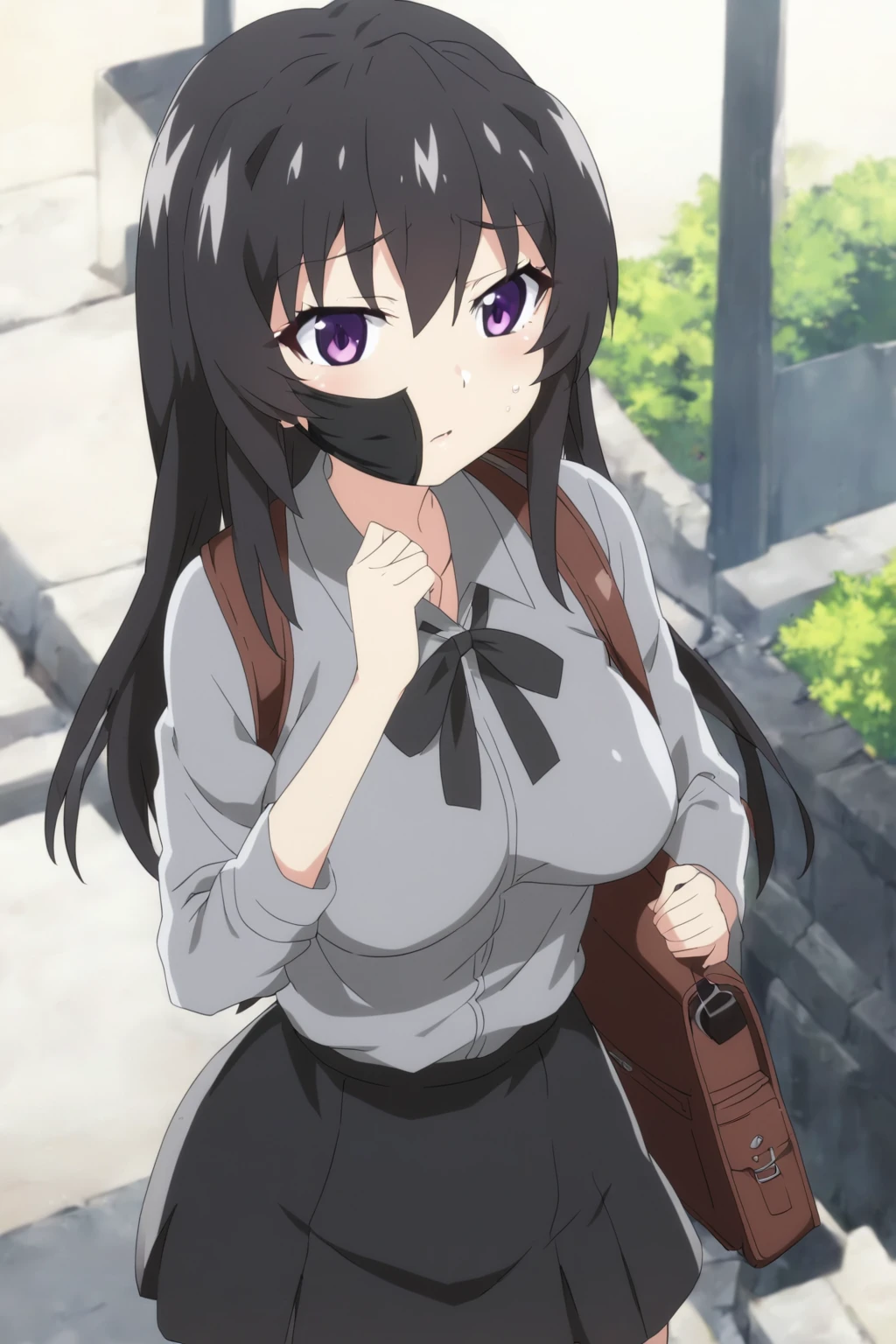 anime girl with a backpack and a mask on her face, purple eyes, anime moe artstyle, cute anime waifu in a nice dress, anime visual of a cute girl, beautiful anime high school girl, gray shirt, short skirt, anime girl with long hair, long straight hair, high quality anime artstyle, from girls frontline, anime style 4k, mature anime girl, anime girl wearing a black dress, kantai collection style,black shiny hair, normal breast