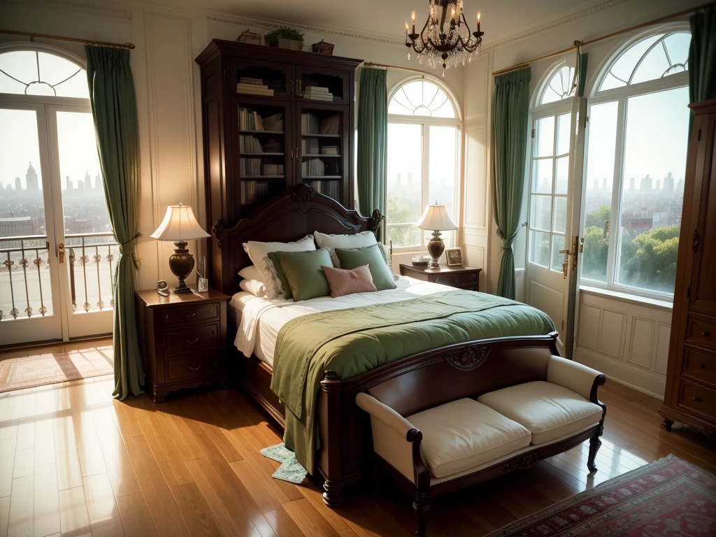 8K picture quality，best quality，masterpiece，HD，Super rich detail，detailed，Princess Lori's warm style room，Green，Cosy bedroom，Big windows，Floor-to-ceiling windows，Queen bed with pillows，clothing，notebook，There is a cabinet next to it，There are bookcases，There is a desk，There are chairs，There are flowers，There is a wardrobe，There was a sofa，There are crosses，There are masks，There are a lot of books，Overall very comfortable，extremely clean，Very informative，Big windows，Outside the window is a large rose garden，Lots of roses，There is also a great view from the window。Outside the window is the city&#39;s tall buildings and street scenery，超HD逼真，On-site photos，Strong sense of reality