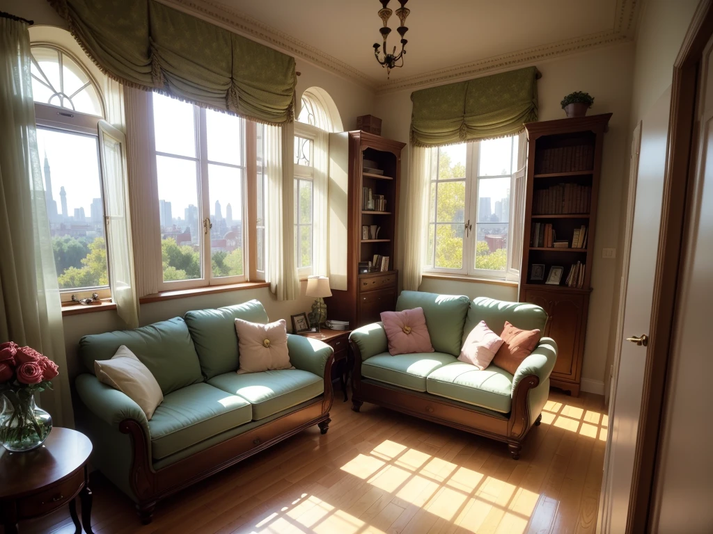 8K picture quality,best quality,masterpiece,HD,Super rich detail,detailed,Princess Lori's warm style room,Green,Cosy bedroom,Big windows,Floor-to-ceiling windows,Queen bed with pillows,clothing,notebook,There is a cabinet next to it,There are bookcases,There is a desk,There are chairs,There are flowers,There is a wardrobe,There was a sofa,There are crosses,There are masks,There are a lot of books,Overall very comfortable,extremely clean,Very informative,Big windows,Outside the window is a large rose garden,Lots of roses,There is also a great view from the window。Outside the window is the city's tall buildings and street scenery,超HD逼真,On-site photos,Strong sense of reality