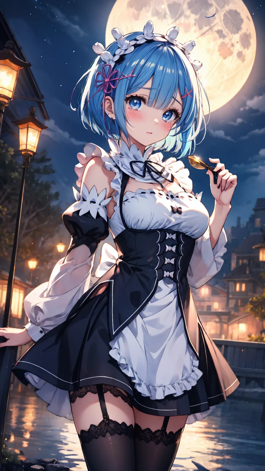 (Highest quality),(masterpiece), 8k,Very detailed, Detailed light, Best Shadow,Detailed reflective eyes, Beautiful Eyes, Very detailedな顔,Shiny Hair,sexy,Big Breasts,Charm,One person,Gloss,Rem,Re:Zero,Blue Hair,blue eyes,full moon,Fantasy,Charm, Blushing,Expressionless,tearsを流す,tears,looking at the camera,front,garter belt,tights,Maid服,Maid,
