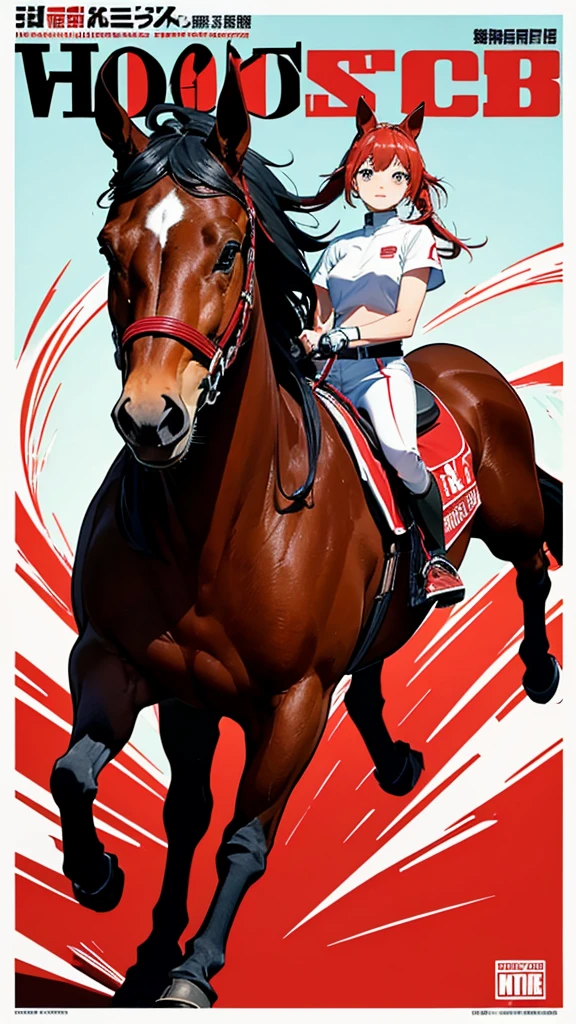 Horse-themed characters, サイバーパンク, オーバーサイズパーカー, Wearing big sneakers, whole body, Simple Background, Magazine cover style, Scarlet image color, Horse tail, Run at full speed, horse ears, With a horse&#39;s tail, run, With a tail, tachi-e, projected inset, UHD, best quality, highres, 8k