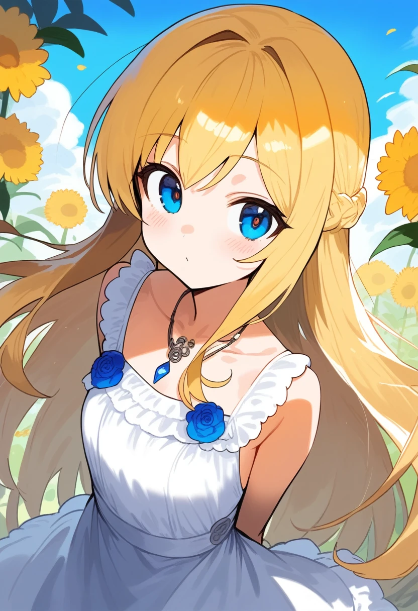 Face: Round and cute. Blue eyes. Hair: Short and slightly wavy. Blonde. Body: Small and delicate. She is about 120 centimeters tall.
Dress code: Wear clothes that reflect her natural side. Her outfit is usually made of light colored linen, white. Accessories: Iris often wears a silver necklace with a flower pendant.