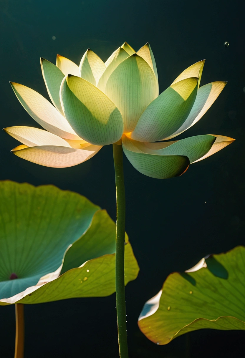 lotus flower, Green stem, Silt comes out of the water, gold light, The light of the Buddha shines, UHD, retina, masterpiece, accurate, super detail, high details, high quality, highres, 16k