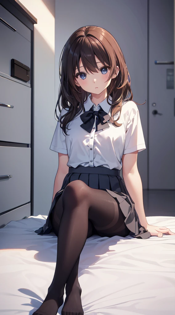 (The whole body from head to toe)、(Full Body)、(No shoes)、(blackpantyhoseの内側に白いパンティ)、(blackストッキングの内側に白いパンティ)、(Panty shot)、(Sitting with legs together)、(Sit with your knees bent and your legs apart)、(M-shaped legs)、Brown Hair、Long Hair、bangs、Highest quality、High resolution、8k wallpaper、(figure:0.8)、(Beautiful attention to detail:1.6)、(Highly detailed face)、Perfect lighting、Highly detailed CG、Perfect hands、Perfect Anatomy、Thin legs、(Small Tits)、Sitting on the floor、Sleep on your back、Spread your legs、Look forward、Configuration from below、Positive、Turn your lower body forward、In 8K、Highest quality、The real picture、Intricate details、Ultra-detailed、超High resolution、Depth Field、(Photorealistic、Realistic:1.2),masterpiece, 0.25 :: Front shot、From the center、One Girl、Very beautiful 17 year old girl、See the face and feel、Big eyes、Sexy pose、Fascinating、Perfect Skin、(Small breasts)、Narrow waist、Light blush、solo、Looking at the audience、Five perfect fingers、Small toes、sweating、 wear((School_uniform)、White shirt、Collared shirt、Pleated dress、Grey Dress、(black_pantyhose:1.2)、 blackストッキング、blackpantyhose、(Sculpture Pose:1.1)、 Showing her white panties、Panty shot、Spread your legs、Open legs、Wide-open legs、bedroom 、On the bed