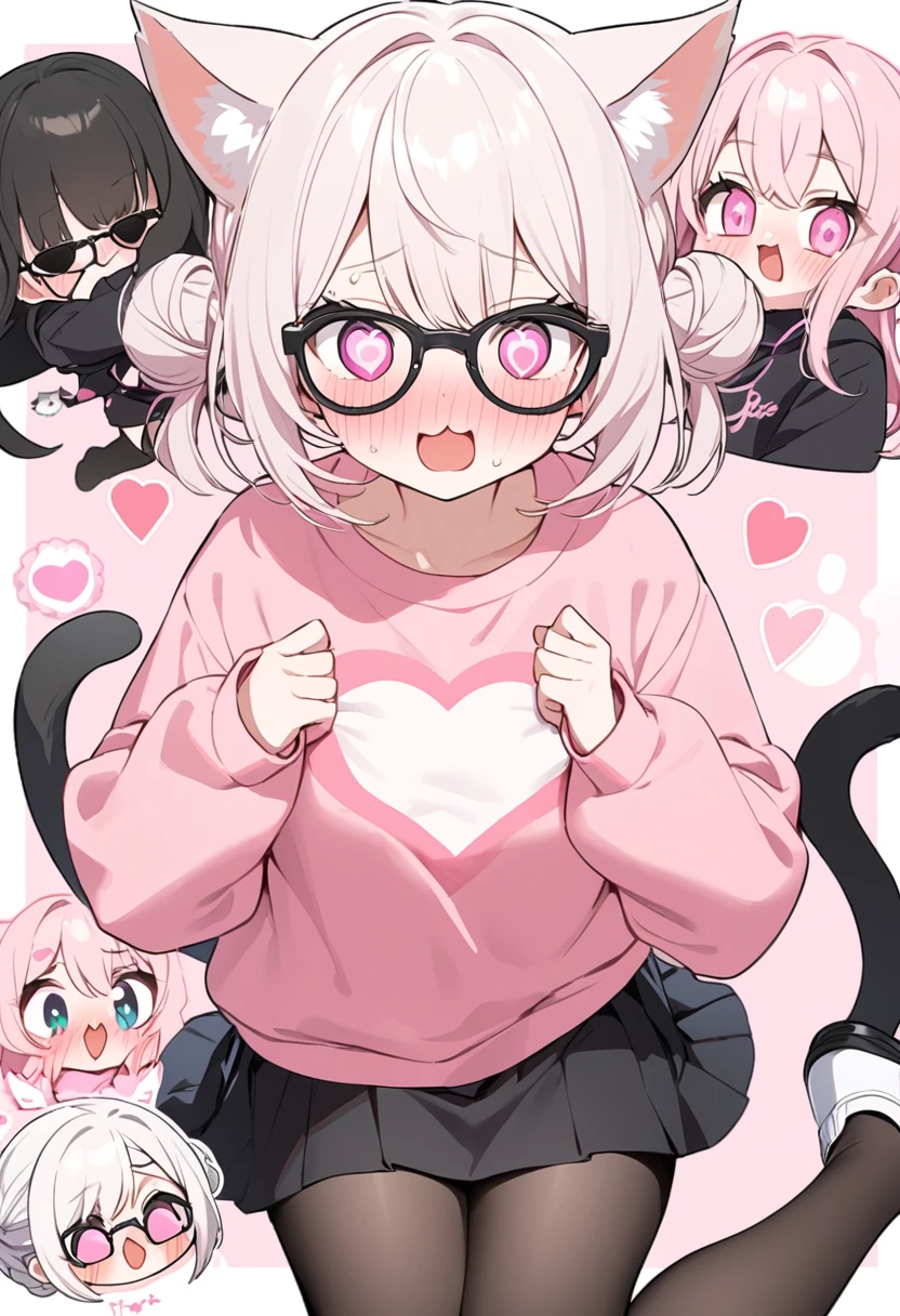 I have white pink hair, cat ears, a bun, my face is super blushing, black glasses, pink heart eyes, a big pink sweatshirt, a black skirt, black stockings, white shoes, a cat&#39;s tail, a girl. very shy that they are grabbing her breasts for money
