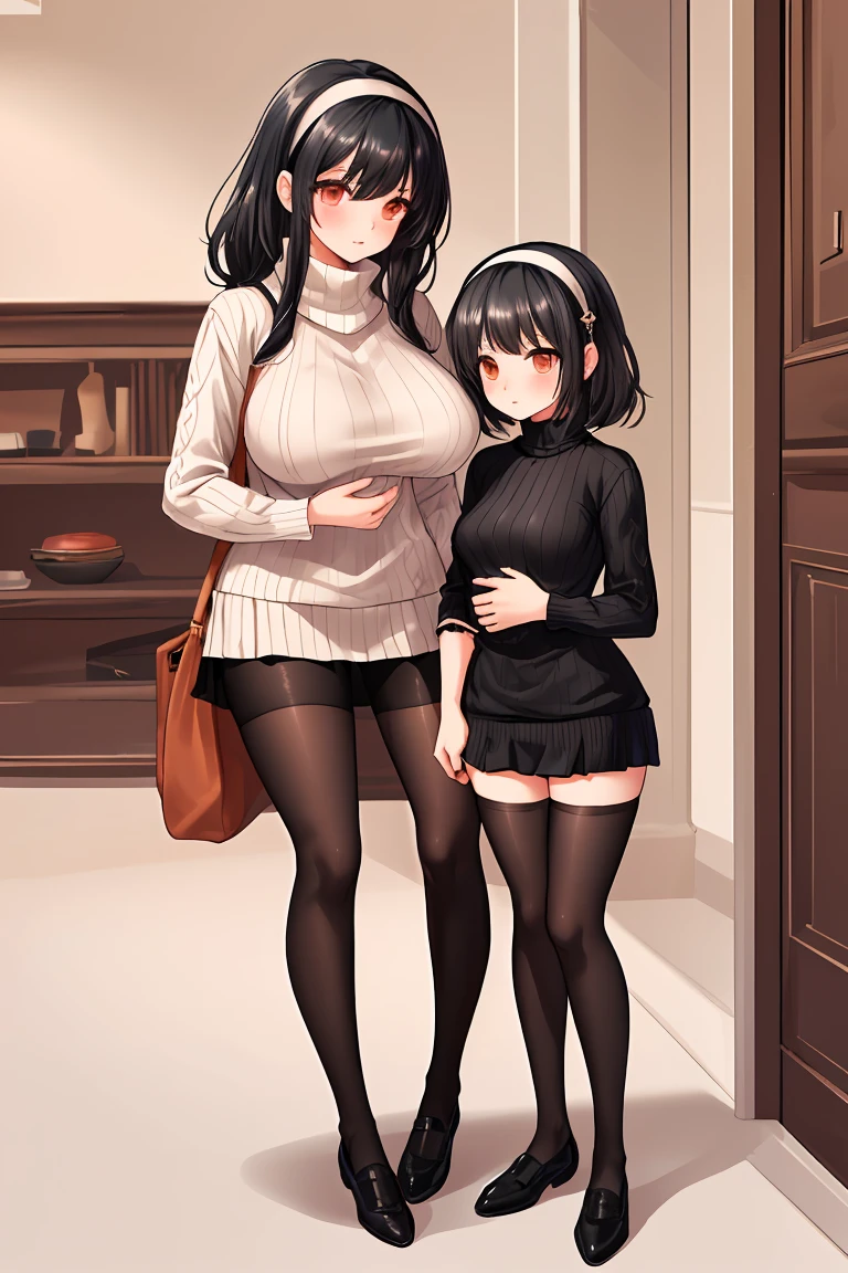 Black Hair clear Beautiful breasts hair band Black Stockings sweater mini skirt Mother and daughter Height difference Thin legs