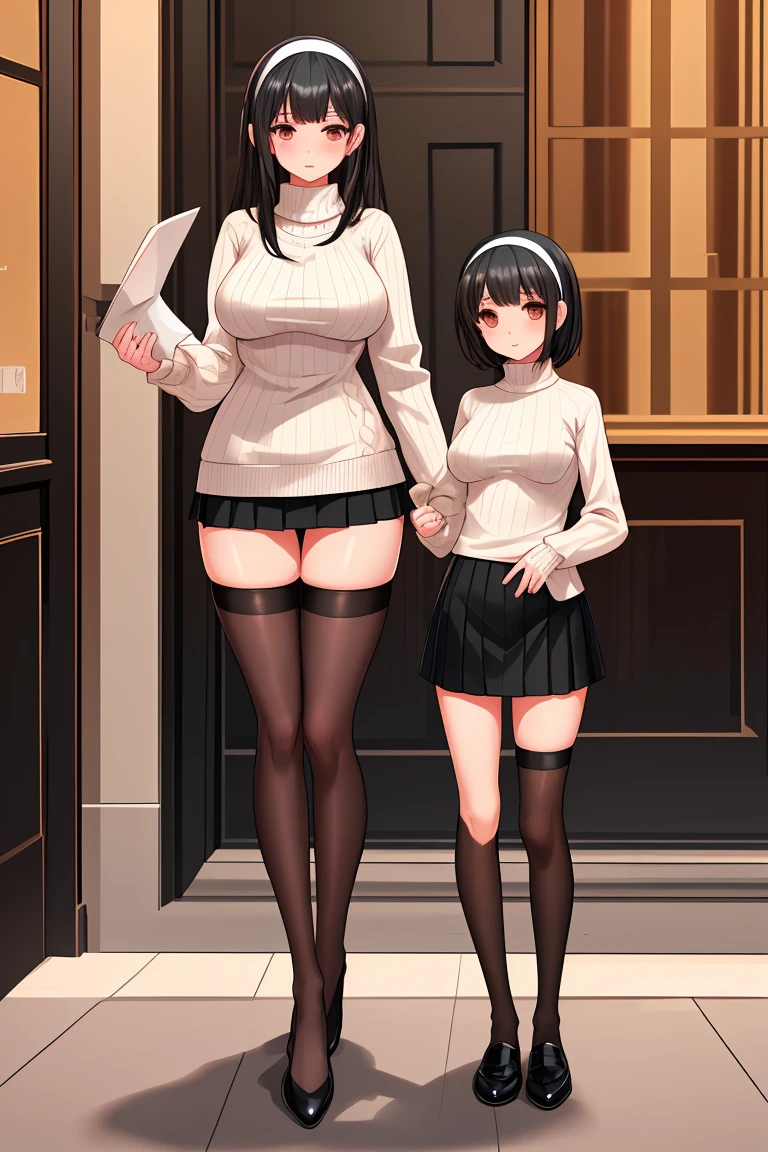 Black Hair　clear　Beautiful breasts　hair band　Black Stockings　sweater　mini skirt　Mother and daughter　Height difference　Thin legs