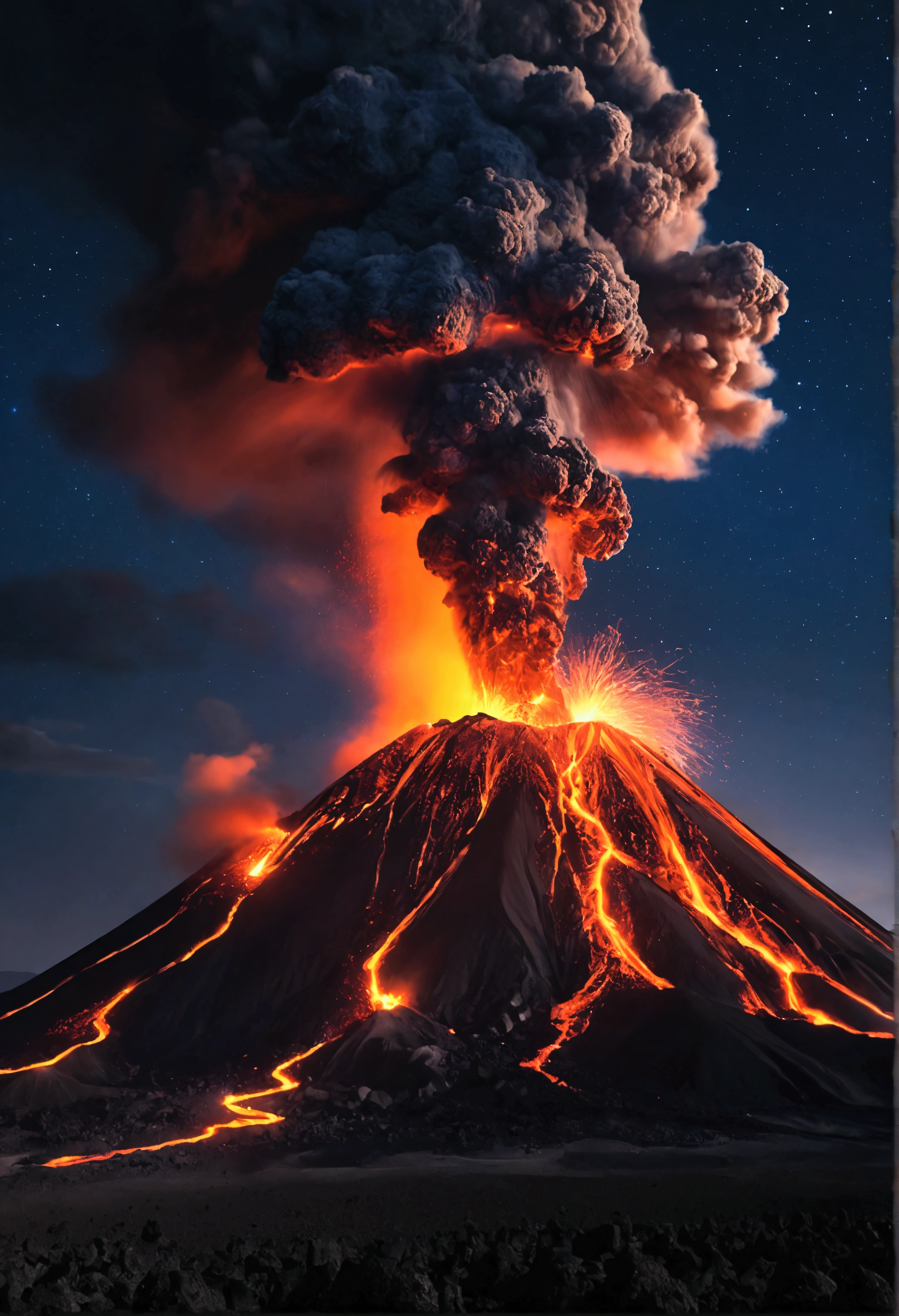 Nighttime volcanic eruption.