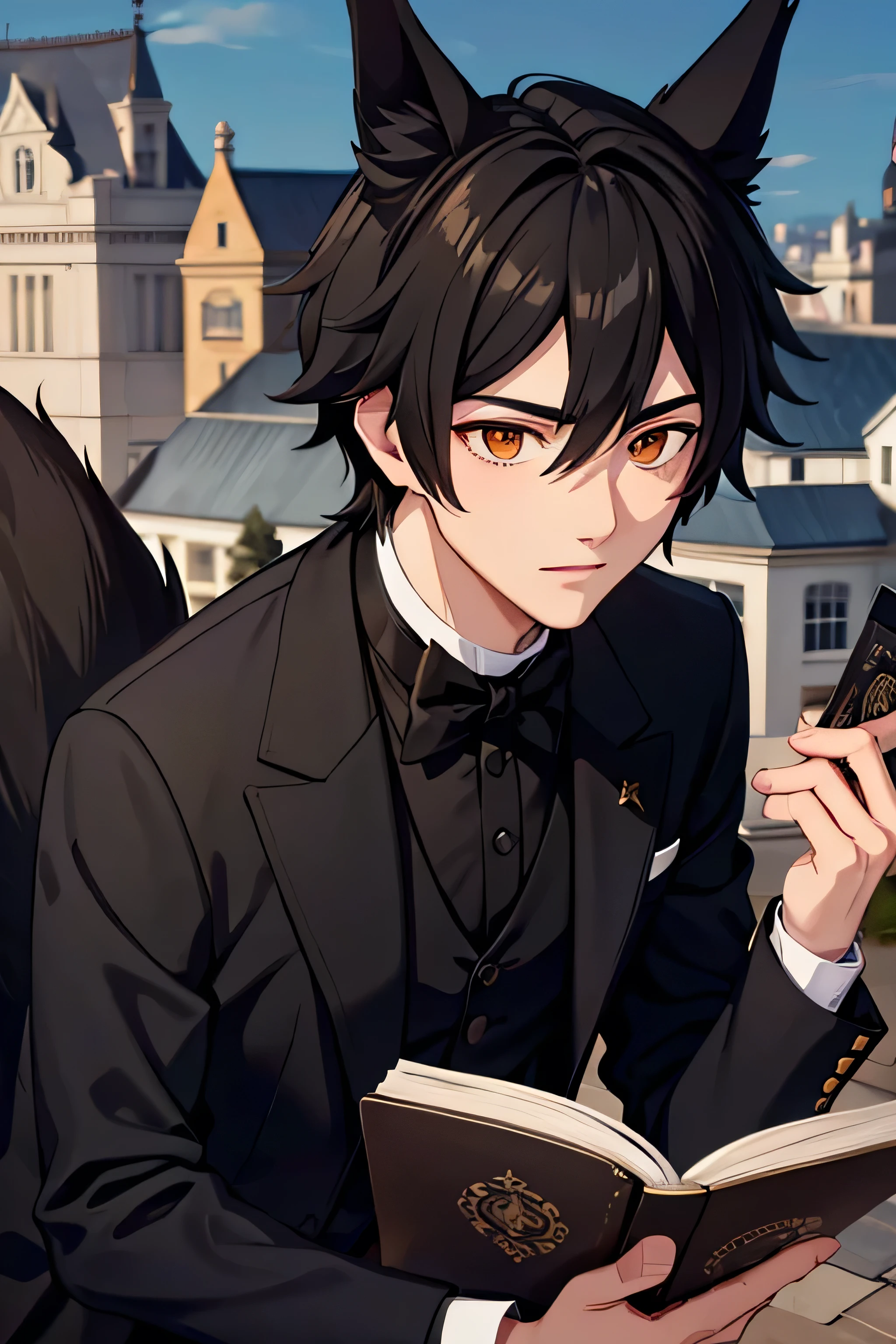 A black haired male student with golden eyes and black fox ears and a black fox tail in a Victorian suit is reading on the roof at niht