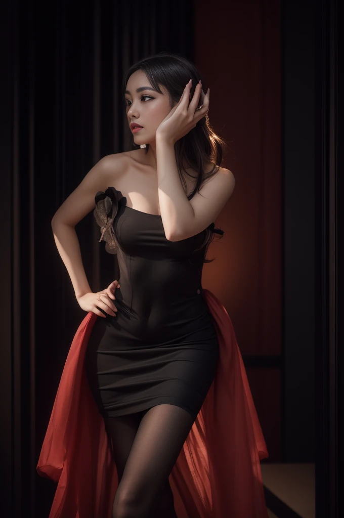 8K, Masterpiece, RAW photo, Best quality, detail:1.2),Photorealistic, Extremely detailed CG unifies 8K wallpapers, Depth of field, Cinematic light, Lens flare, Ray tracing, (Extremely beautiful face, Beautiful lips, Beautiful eyes), intricate detail face, ((ultra detailed skin)) 1girll, In the dark, deepshadow, Pretty Korean girl, Kpop idol,(Very slim and slender muscular body:1.3), ((view the viewer)),(Big smile), (Skinny mini mini dress),(Pink dress), (Injection sleeve) , (City Night, (neon lights sign), (Night), Pretty Korean girl, Earrings, bangle, necklace, Pantyhose, Clear eyes, Walking , (Pale skin), Face forward, (Big eyes), ((upperbody shots)), tightly dress, Silk dress , Turn Back, Back shot, Very slim, slander