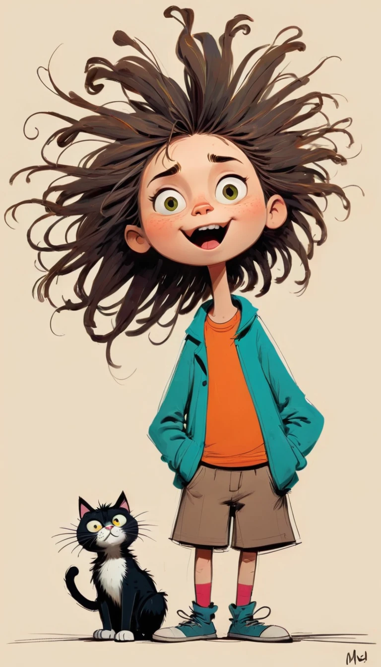 (((Exaggerated digital character sketches:1.37,Matchstick Men))).(1 huge cat and ,(Exaggerated expression,Exaggerated hairstyle),Messy hair),(Black sketch lines,Loose brushstrokes create the outline,Cartoon Style. Bright colors and simplified lines, sketch)。(Exaggerated body movements),(Large area of blank)