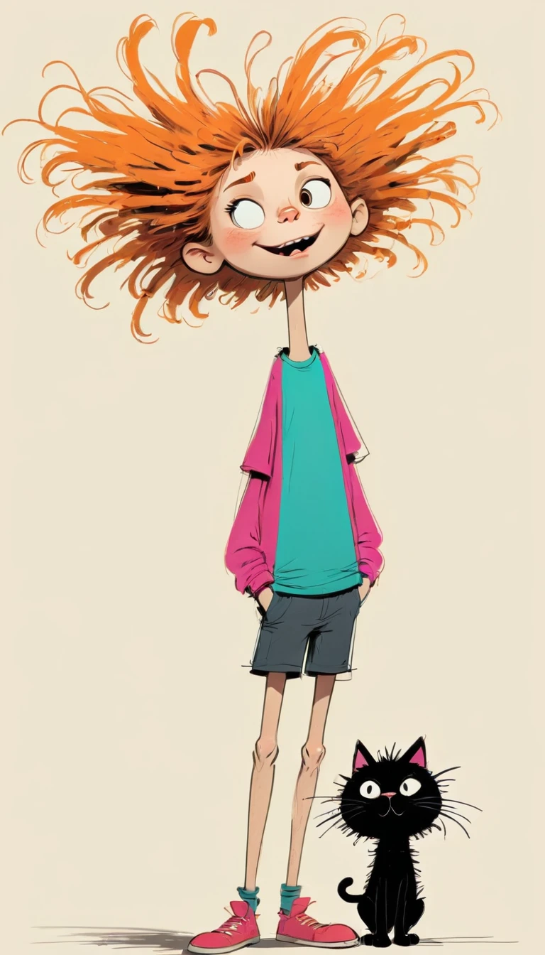 (((Exaggerated digital character sketches:1.37,Matchstick Men))).(1 huge cat and little girl,(Exaggerated expression,Exaggerated hairstyle),Messy hair),(Black sketch lines,Loose brushstrokes create the outline,Cartoon Style. Bright colors and simplified lines, sketch)。(Exaggerated body movements),(Large area of blank)