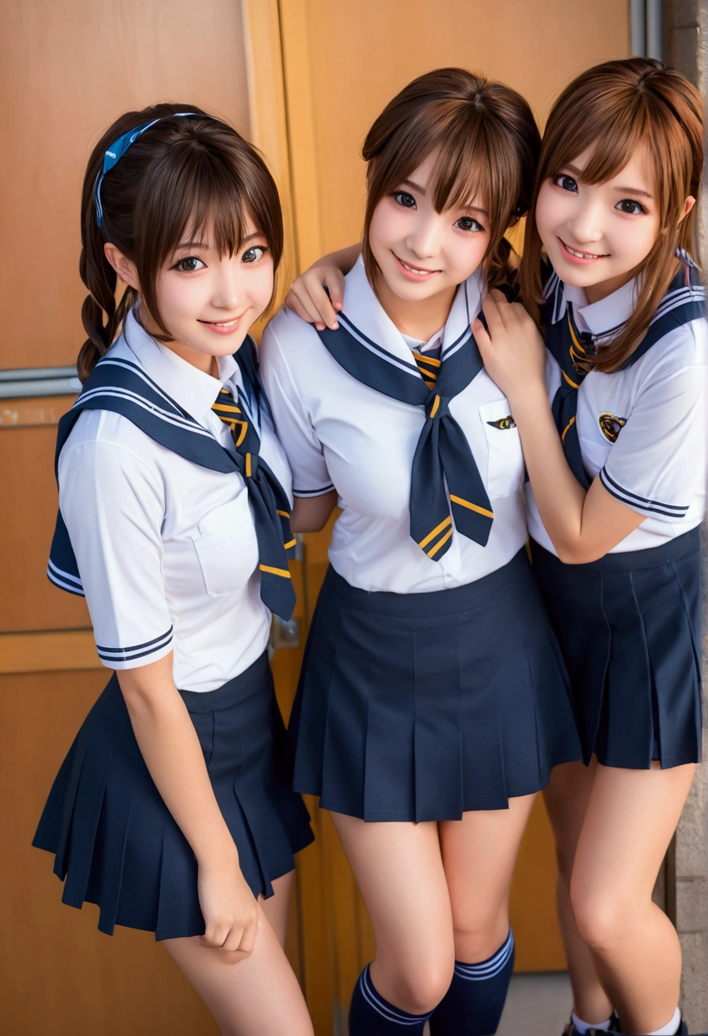 Browsing Caution, ((masterpiece)), ((highest quality)), (Very detailed), ((cute)), cute, ((Girls who love to show off their panties)), ((sexy)), (device), ((Very detailed)), 4K, (8k), highest quality, (beautiful), hyper cute face, shape, Anime Style,hyper Genuineistic, Genuine, Dynamic Angle, ((whole body)), close, Thick outline, Clear contours, at school, (Three Girls, 3 cute girls:1.5), (Schoolgirl Uniform :1.5), beautiful light brown hair, beautiful brown eyes, ((beautiful eyes)), (Cheek to Cheek:1.5), short hair, Big Breasts,  smile、((((beautiful太もも))))、too short pleated skirt:1.3、sfw