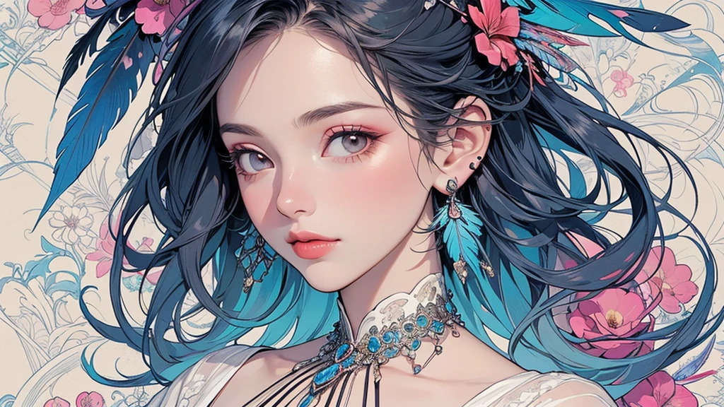 (masterpiece, quality, best quality, Official Art, Beautiful and beautiful:1.2), (1 girl:1.3), Very detailed,(Fractal Art:1.1),(colorful:1.1)(Flowers:1.3),Most detailed,(Tangled:1.2), whole body, (Abstract background:1.3), (Skin glows), (Many colors:1.4), ,(Earrings Feather:1.5),