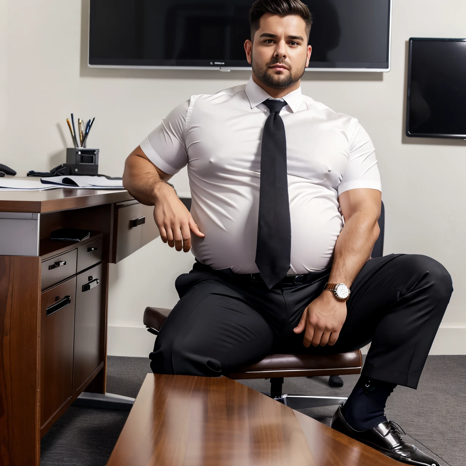  full view full body, one boy (male), detailed, saturation, office, seductive guy sitting at a desk, white shirt unbuttoned, suit pants, luxurious black dress shoes, thin black socks, thin body, tense face, sweating, blush, with excessively over-inflated enormous big belly, hand on belly, bellyache, cute face, veiny belly, big vore belly, shoes and socks must be seen