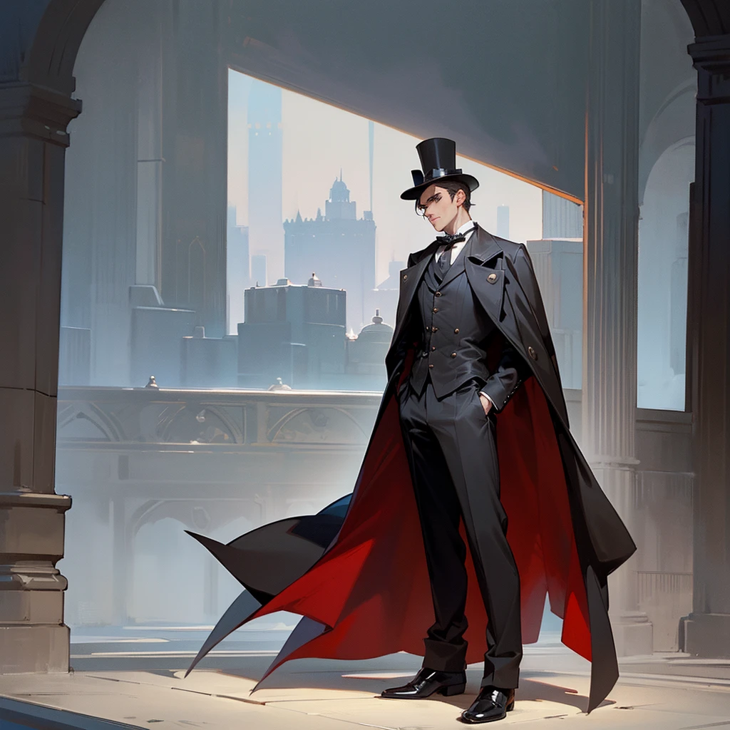 masterpiece, Highest quality, Realistic, 1 person, Mature Men, A quiet and attractive young man, Age 25, Close ~ eyes, Serious expression, Highly detailed face, ((Dark grey eyes)), ((Short dark brown hair swept to the right)), [Thick eyebrows], Thief, city, ((Wearing a classic overcoat and top hat)), Cinema Lighting, Looking at the audience, Postural dynamics,Side angle、((Full body view))
