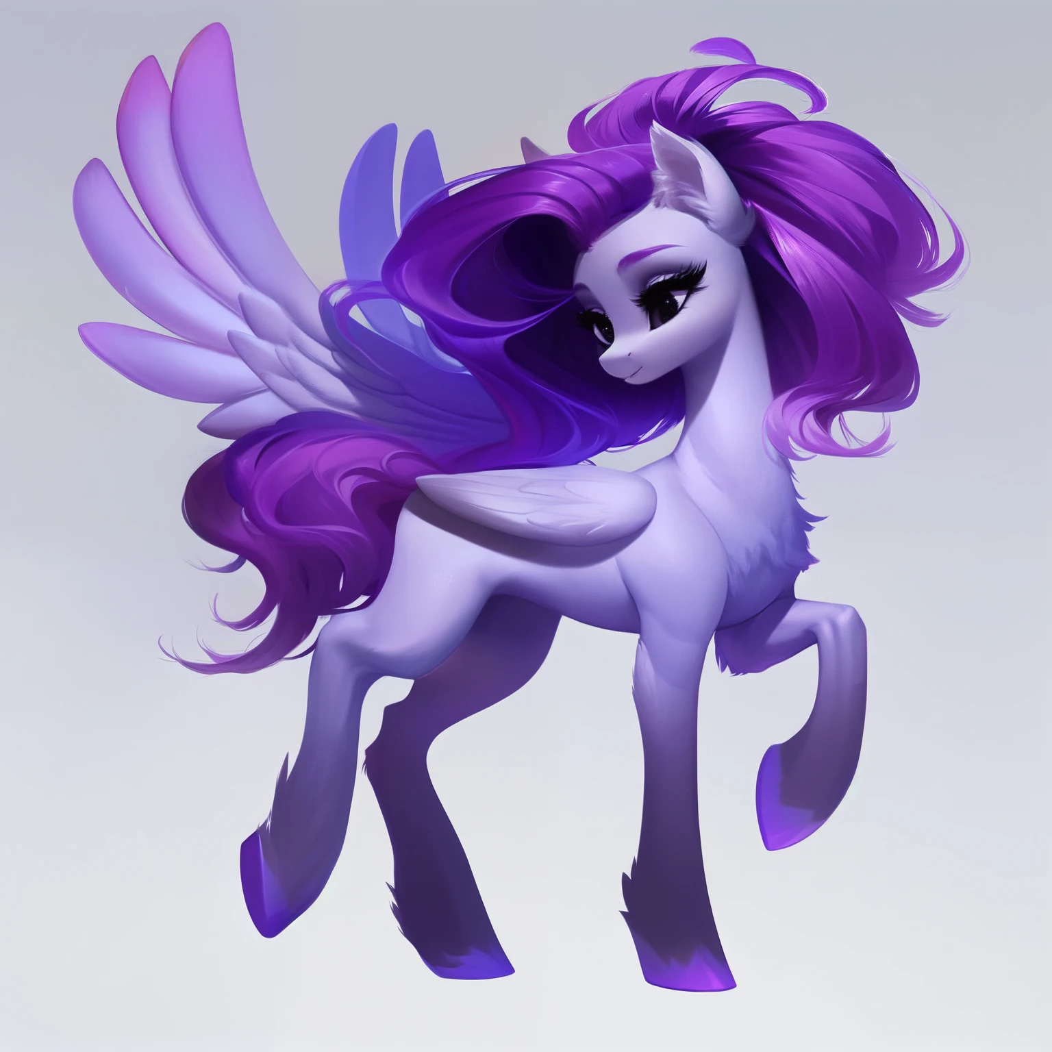 rating_safe, score_9, fluffy, feral pegasus pony, female, light purple body, dark purple hair, long hair, beautiful black eyes, full body,only 4 legs。Classical color scheme,Light and shadow interweave.avatar