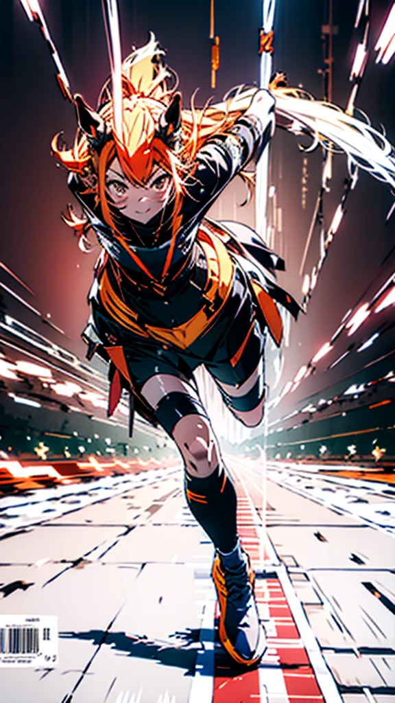 Horse-themed characters, サイバーパンク, オーバーサイズパーカー, Wearing big sneakers, whole body, Simple Background, Magazine cover style, Scarlet image color, Horse tail, Run at full speed, horse ears, tachi-e, projected inset, UHD, best quality, highres, 8k