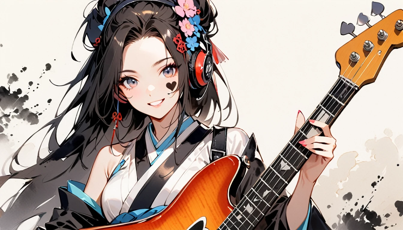 (((Ink Painting))), (((1 girl))), (((Heart tattoo on face))), (((Gorgeous hair accessories))), Japanese style headphones, (((guitar bass))), Japanese Beauty, Black Hair, smile