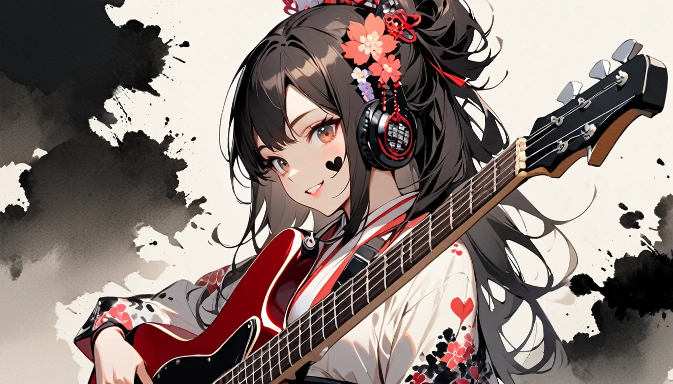 (((Ink Painting))), (((1 girl))), (((Heart tattoo on face))), (((Gorgeous hair accessories))), Japanese style headphones, (((guitar bass))), Japanese Beauty, Black Hair, smile