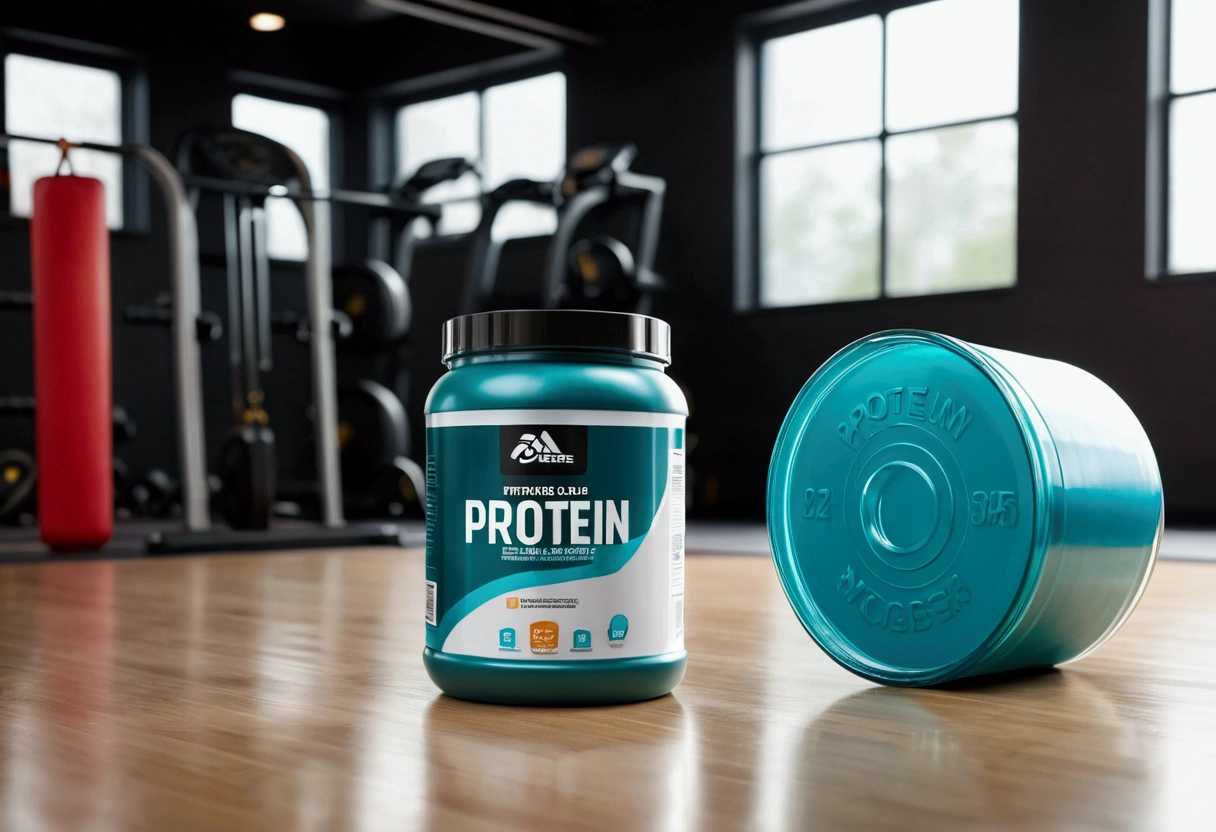 a picture of a protein solid color jar on the floor, gym in the background like in a commercial, gym out of focus
