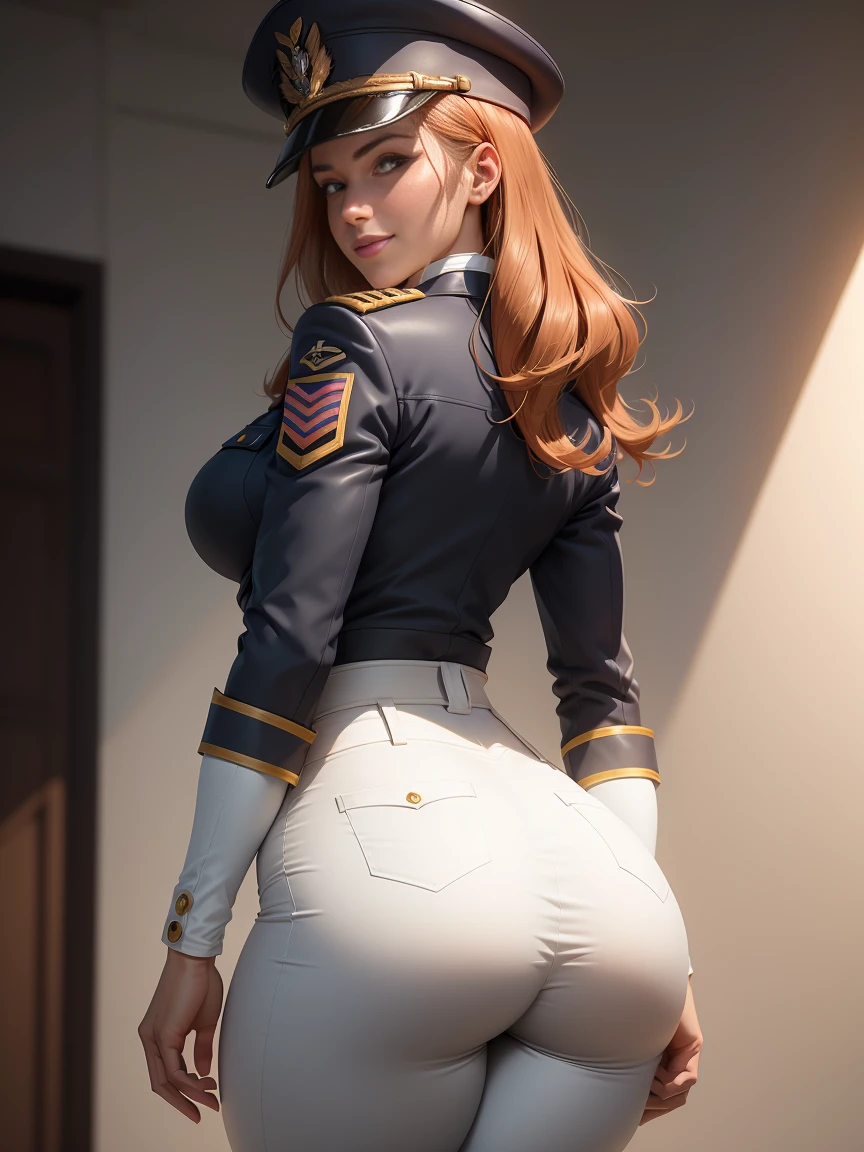 Watermark:JouliosJack
(pants,slim legs,(thick thigs:1.3),long legs:1.4)(medium breast:1.4)
(1girl:1.4), (sfw), (clothed), (masterpiece), illustration,(realistic:1.5), (specular lighting:1.4), (hyperrealistic:1.2), (photorealistic face:1.2), (perfect face), (best quality), (8k), (4k), photorealistic, sharp focus, octane render, best quality, extremely detailed, intricate, hyper detailed, fantasy, soft lighting,(medium breasts:1.4), (skindentation:1.3), Matilda Ajan from Gundam, Matilda Agen, Matilda Ajan, looking straight at viewer, tan full uniform, tan color uniform, tight off-white pants, slim body, perfect body, standing straight up, military attention, military salute, one hand down, tan officer uniform, tan military jacket, tan buttoned up jacket, perfect hands, military officer hat, tan color hat, warm smile, kind smile, gundam in the background, auburn hair, one hand down, cropped hair, thigh gap; (backshot,From behind,back view, back pov)