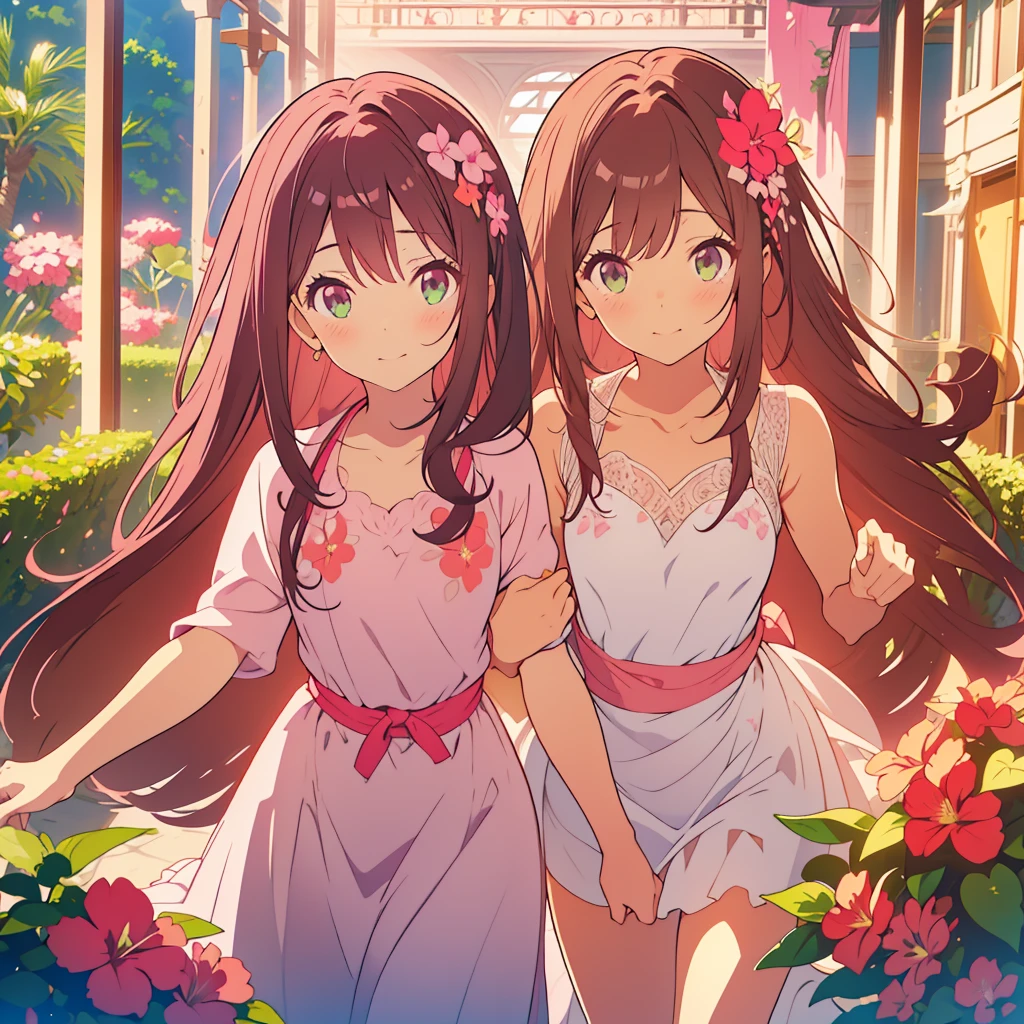 kawaii, anime, Cute, hyper quality, highly detailed, 8k, Clarity, dark brown long hair, pink bougainvillea, green eyes, droopy pink bougainvillea flower garden, Ocean View, A flower garden full of greenery, resort wedding, southern island, beach, pink wedding dress, light shines in, pink bougainvillea flowers, pink bougainvillea bouquet, dignity, platinum tiara, pink wedding dress, highlight on eyes, Looking back, Pose with movement, whole body, Uplifting, Inciting point of view, special perspective, dignified expression, smile, close up of face, Draw facial expressions in detail, the dress is fluttering, dignified stance, petals dance,