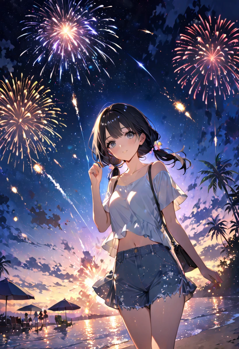 Highest quality masterpiece High resolution masterpiece Shiny black hair、Grey Eyes、Low Twintails、casual summer outfit、flowerpunk、Sparkling light particles、Vivid gradient effect、meteor、firework