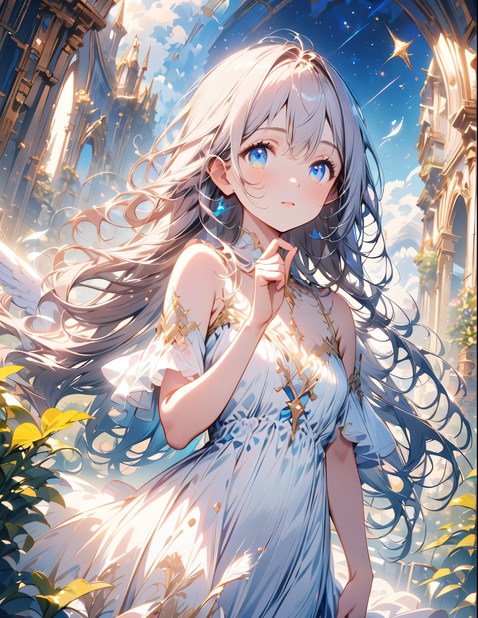 (best quality:1.2),(hands finger 5 digits:1.3),(extremely delicate and beautiful:1.3),(detailed ultra detailed:1.2),(scenery clear details:1.2),(scenery crystal clear :1.2),(solo),(blue eyes),(long white long hair),(white dress),(angel wings),(floating white feathers,starry sky),(clusters of stars,starry sky),(glinting stars),(solo),(long silver long hair),(best quality:1.2),(hands finger 5 digits:1.3),(extremely delicate and beautiful:1.3),(detailed ultra detailed:1.2),(scenery clear details:1.2),
