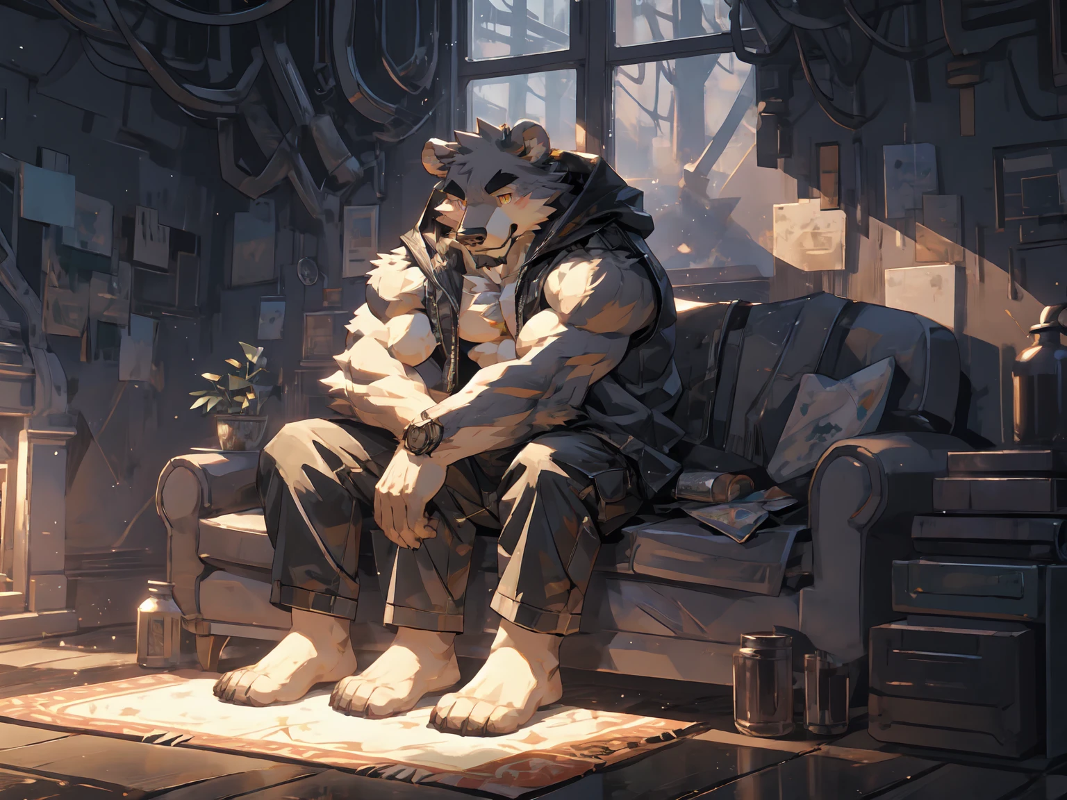 (masterpiece:1.2), best quality,pixiv,official art,perfect anatomy, (Ray tracing, light),solo, (1_male:1.3) , (muscle), (grey fur:1.4), (muscle bear), (beard:1.2), (gleaming golden eyes), bear tail, Thick black eyebrows, (open hooded parka) , (naked inside:1.2), cargo shorts, barefoot , (morden apartment: 1.3), french window, indoor , fur carpet , cushion , rest on sofa