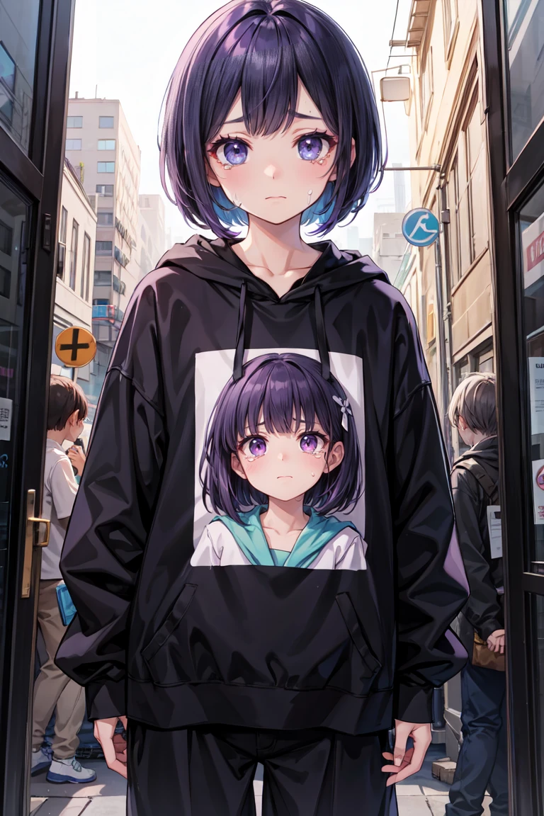 heartbroken, technological organism, in baggy clothes, with messy bob, makeup smeared with tears, anime manga style, dark purple colors.