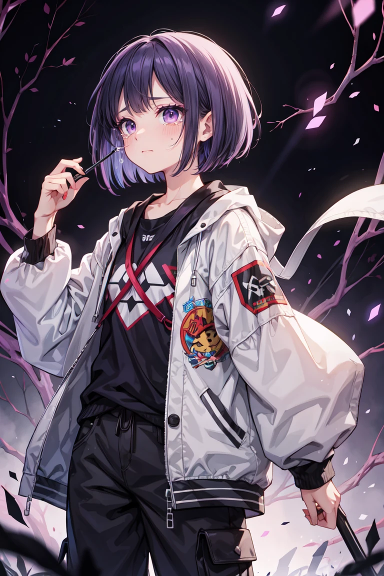 heartbroken, technological organism, in baggy clothes, with messy bob, makeup smeared with tears, anime manga style, dark purple colors.