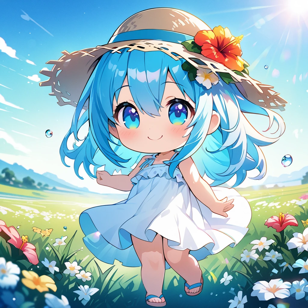 masterpiece, best quality, 4k、2D illustration, one beautiful girl, solo、(((chibi style)))、((vivid colors))、cute chibi, lovely chibi、((colorful))、((long beautiful hair)), glossy light blue hair, hair between eyes, cute, beautifully detailed eyes、((white summer dress))、((straw hat))、hibiscus hair ornament, flip-flops, ((happy smile))、((full body shot))、((summer grasslands))、((pretty flowers)), ((gentle breeze))、((blue sky))、sunbeam, white light, ((lens flare)), ((high color saturation)), 