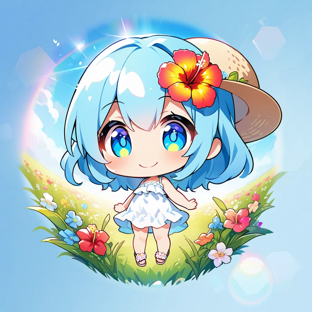 masterpiece, best quality, 4k、2D illustration, one beautiful girl, solo、(((chibi style)))、((vivid colors))、cute chibi, lovely chibi、((colorful))、((long beautiful hair)), glossy light blue hair, hair between eyes, cute, beautifully detailed eyes、((white summer dress))、((straw hat))、hibiscus hair ornament, flip-flops, ((happy smile))、((full body shot))、((summer grasslands))、((pretty flowers)), ((gentle breeze))、((blue sky))、sunbeam, white light, ((lens flare)), ((high color saturation)), 