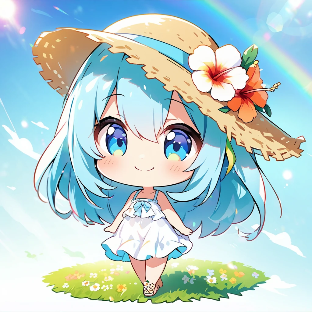 masterpiece, best quality, 4k、2D illustration, one beautiful girl, solo、(((chibi style)))、((vivid colors))、cute chibi, lovely chibi、((colorful))、((long beautiful hair)), glossy light blue hair, hair between eyes, cute, beautifully detailed eyes、((white summer dress))、((straw hat))、hibiscus hair ornament, flip-flops, ((happy smile))、((full body shot))、((summer grasslands))、((pretty flowers)), ((gentle breeze))、((blue sky))、sunbeam, white light, ((lens flare)), ((high color saturation)),