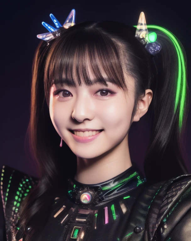 a beautiful picture of moakiku,  detailed skin texture,masterpiece, photorealistic, woman, 4k, backlighting, light, RAW color photo,(fully in frame:1.1), (blush:0.5), (goosebumps:0.5),brunette, detailed face,wearing a black outfit,(neon lights:1.2),smiling,twintails,asian idol, 