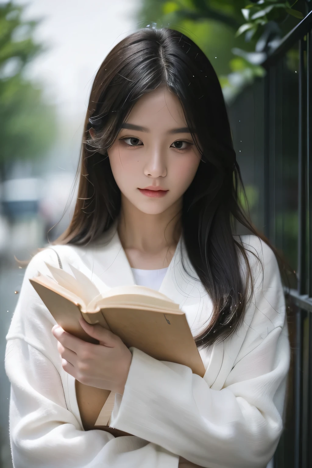 best quality, masterpiece, Ultra-high resolution,Low profile, Cold Light,Super beautiful face,A Stunning Look,Woman in white,Listening to the rain,Holding a pile of books in his hands