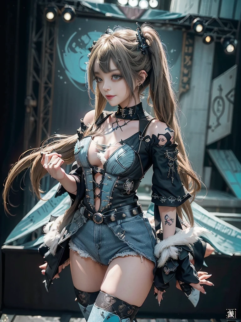 (Full Body View:1.4)、(Side view:1.2)、(Smiling with teeth showing:1.3),(Shibuya Gal:1.5)、(Gothic ta style fashion:1.5)、(Punk RockVisual Kei:1.5)、(Wearing a rhythmic gymnastics bodysuit with intricate details:1.4)、(Cloak de cour with delicate decorations in white, denim and turquoise:1.5)、(Denim with turquoise and white boots:1.3)、((belt))、(Numerous delicate logo marks all over the costume:1.4)、(Denim collar:1.3)、(Striped underwear:1.5)、30 years old、NSFW、((Highest quality、In 8K、masterpiece:1.3))、Sharp focus:1.2、(Layered Cut、Beautiful boobs:1.1),Beautiful woman with perfect figure:1.4、(Sexy Gravure Pose:1.3)、Slender Abs:1.2、Highly detailed face and skin texture、Detailed eyes、double eyelid,(Twin tails:1.3)、(Brown-golden hair:1.3)、Gravure idol、(The background is the stage of the fashion show:1.3)、(Slim Body:1.3),(Make your legs thinner:1.4),(clavicle:1.1)、(Thin thighs:1.2)