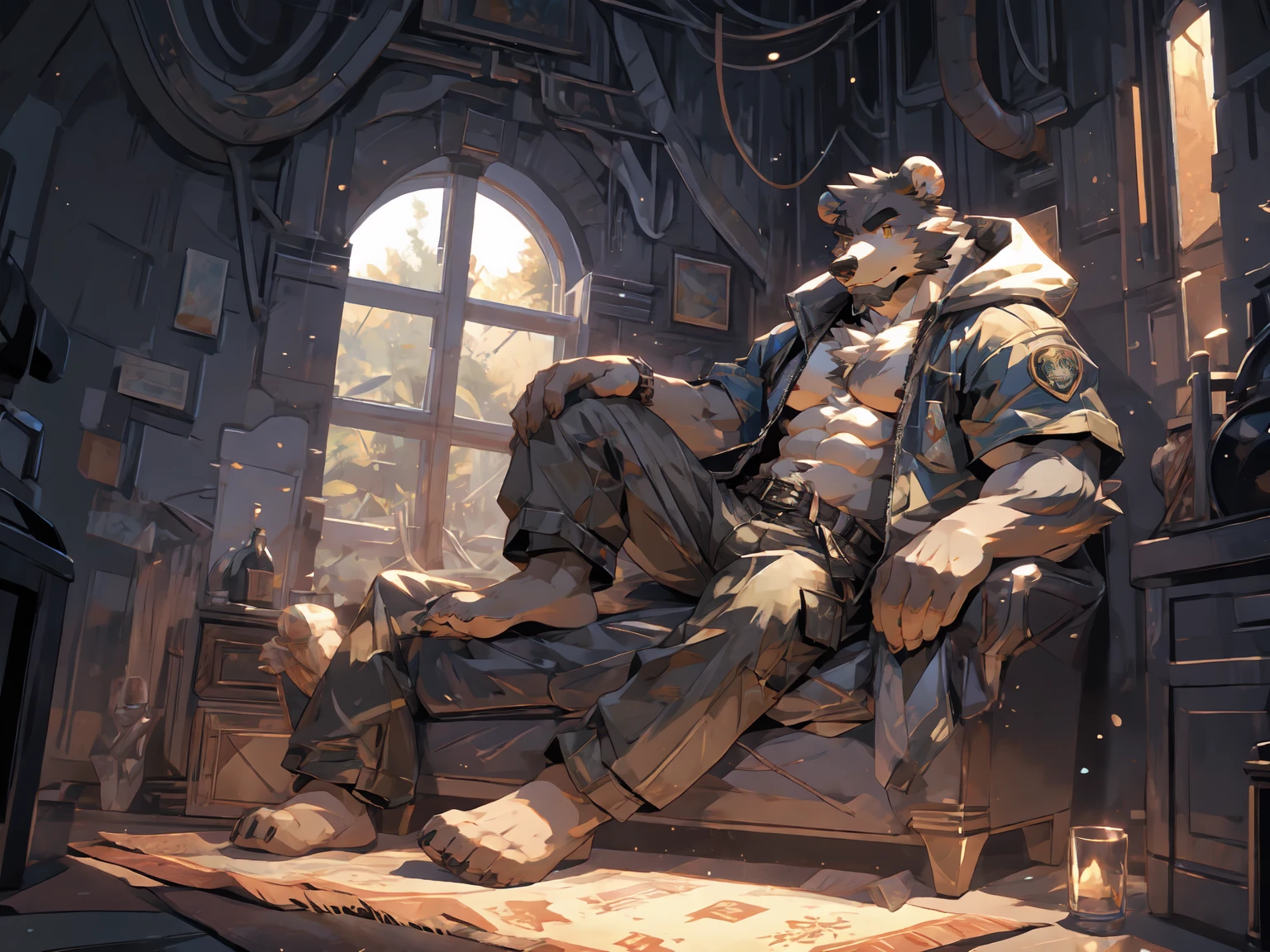 (masterpiece:1.2), best quality,pixiv,official art,perfect anatomy, (Ray tracing, light),solo, (1_male:1.3) , (muscle), (grey fur:1.4), (muscle bear), (beard:1.2), (gleaming golden eyes), bear tail, Thick black eyebrows, (open hooded parka) , (naked inside:1.2), cargo shorts, barefoot , (morden apartment: 1.3), french window, indoor , fur carpet , cushion , rest on sofa