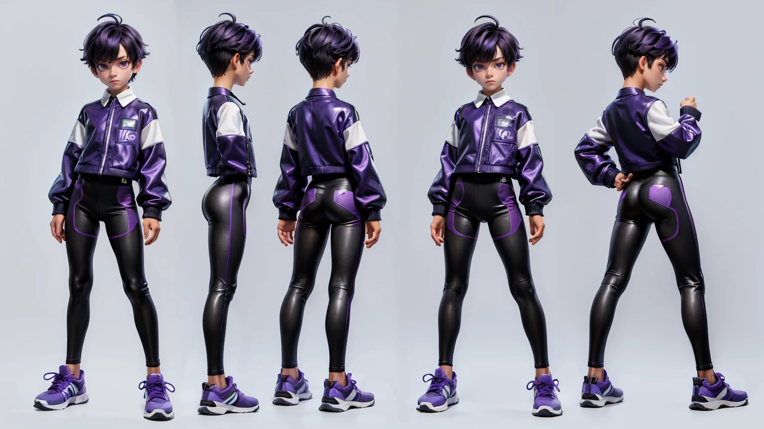 cute face boy, cute face, short height boy, wearing casual futuristic purple pent and shirt, full standing pose, Blowout style hairs, sports shoes, Character Sheet, , Full body, Simple white background, front pose character reference sheet, Concept art, design sheet