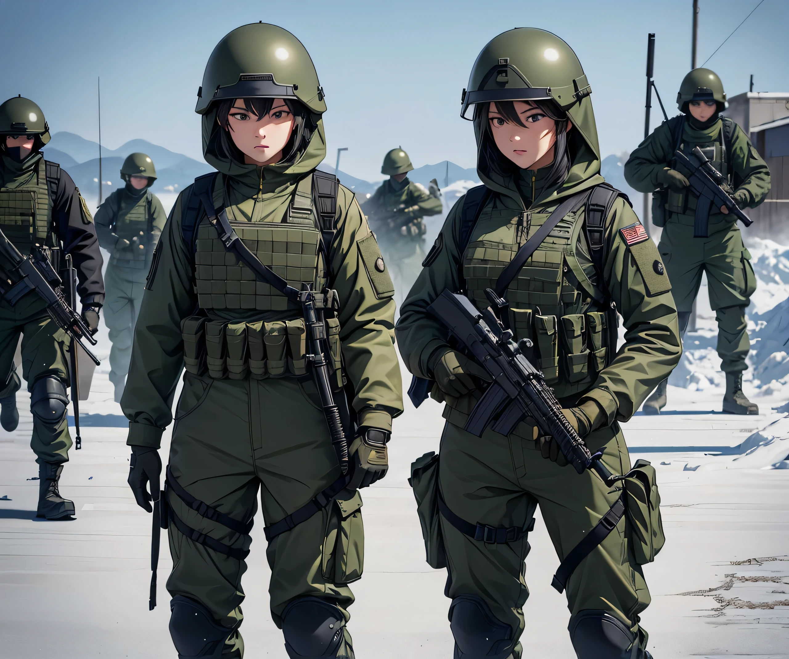 A group of armed female soldiers in battle、Wearing dark green M-51 hooded military uniform、Wear a steel helmet、Tactical Vest、Gloves、Military Pants、Knee pads,Front view、Write details、masterpiece、best quality、Highly detailed CG、8K picture quality