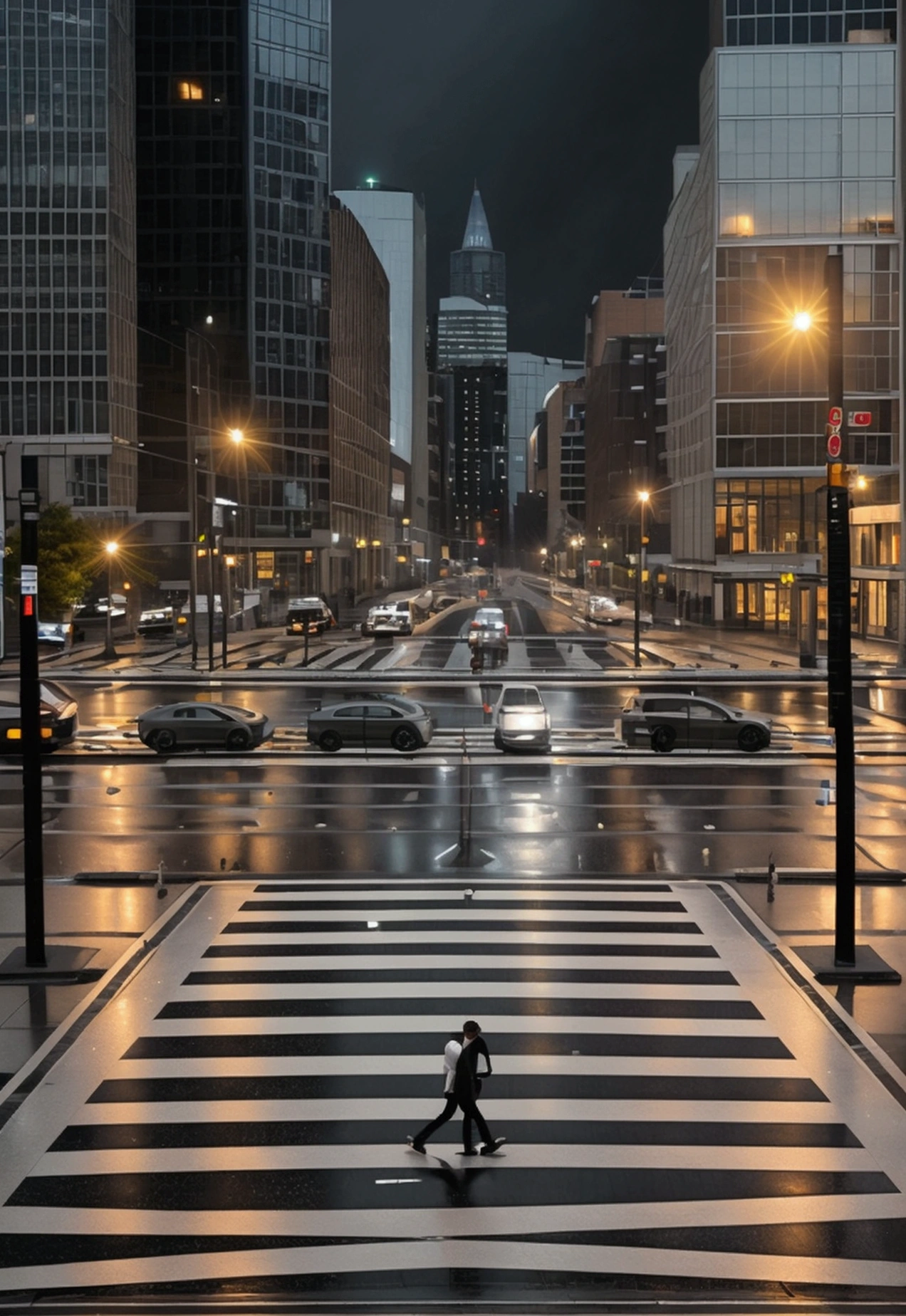 create a night scene, sunlit, with business buildings, people crossing the pedestrian crossing, partly rainy weather