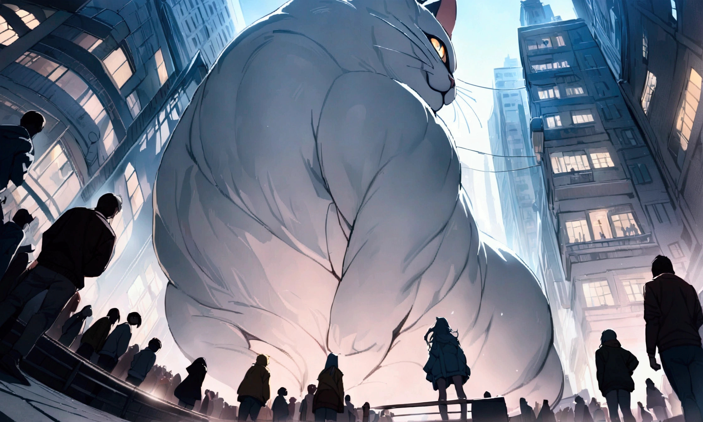 (best quality,4k,8k,highres,masterpiece:1.2),a ultra-gigantic cat sits on a building, crowd, city, from below, cinematic angle, anime, ultra-detailed,vivid colors,dramatic lighting,