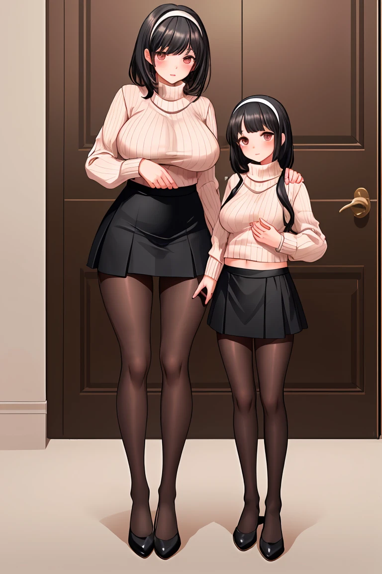 Black Hair　clear　Beautiful breasts　hair band　Black pantyhose　sweater　mini skirt　Mother and daughter　Height difference　Beautiful feet　slender　