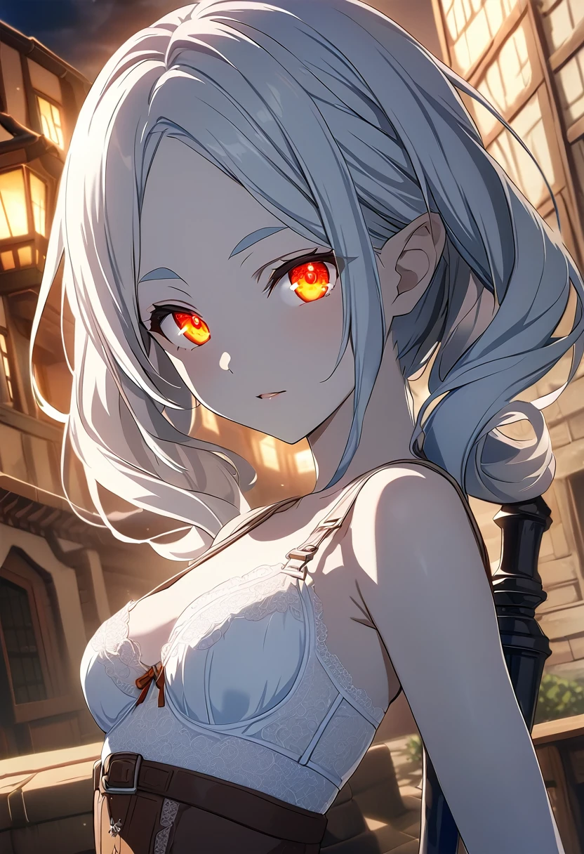 Lie in ,Small breasts ,(((White lace realistic panties,White lace realistic bra))),Day,Freezing,Freezing:Beyond the end of the journey,Elf Girl,White hair in twin tails、black tights、Brown boots,Green Eyes,Parted bangs,Thick eyebrows,(narrow_Waist), Retention Staff,Medieval streetscape, ,masterpiece ,8k unity wallpaper,Detailed eyes,Detailed face,Detailed skin,Anime key visual, ,Highest quality, High resolution, unity 8k wallpaper, (shape:0.8), (Fine and beautiful eyes:1.6), highly Detailed face, Perfect lighting, Extremely detailed CG, (Perfect hands, Perfect Anatomy),masterpiece,High resolution,Perfect Anatomy,Anime key visual,Kyoto Animation,(Fine and beautiful eyes,Glowing Eyes,Detailed Hair,Detailed skin,Detailed wear ),Highest quality,unity 8k wallpaper,Ultra-dense skin,White skin,Highest quality,Blurred_background,
